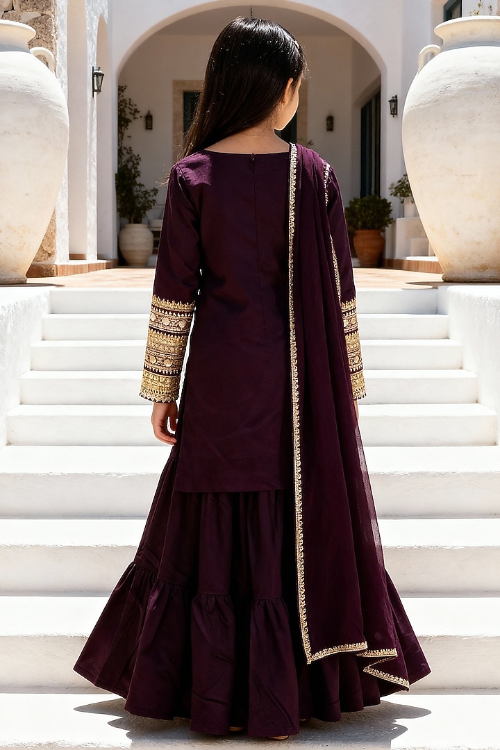 Burgundy Velvet Sharara Set For Girls by Fayon Kids at Pernia's Pop Up Shop