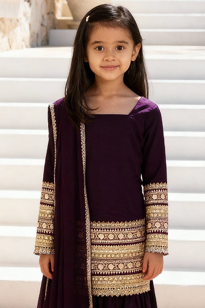 Burgundy Velvet Sharara Set For Girls by Fayon Kids at Pernia's Pop Up Shop