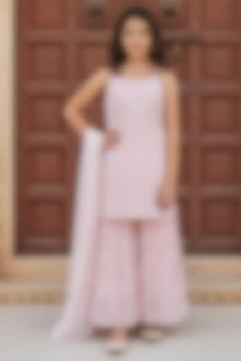 Peach Georgette Embroidered Sharara Set For Girls by Fayon Kids at Pernia's Pop Up Shop