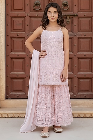 Peach Georgette Embroidered Sharara Set For Girls by Fayon Kids
