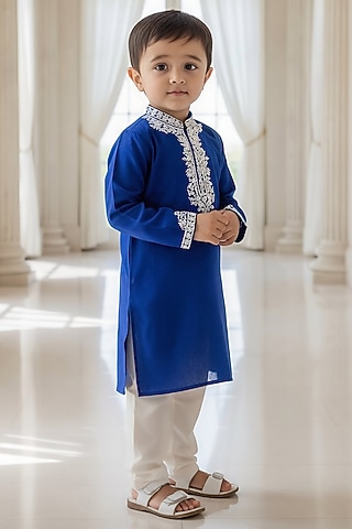 Blue Glace Cotton Embroidered Kurta Set For Boys by Fayon Kids