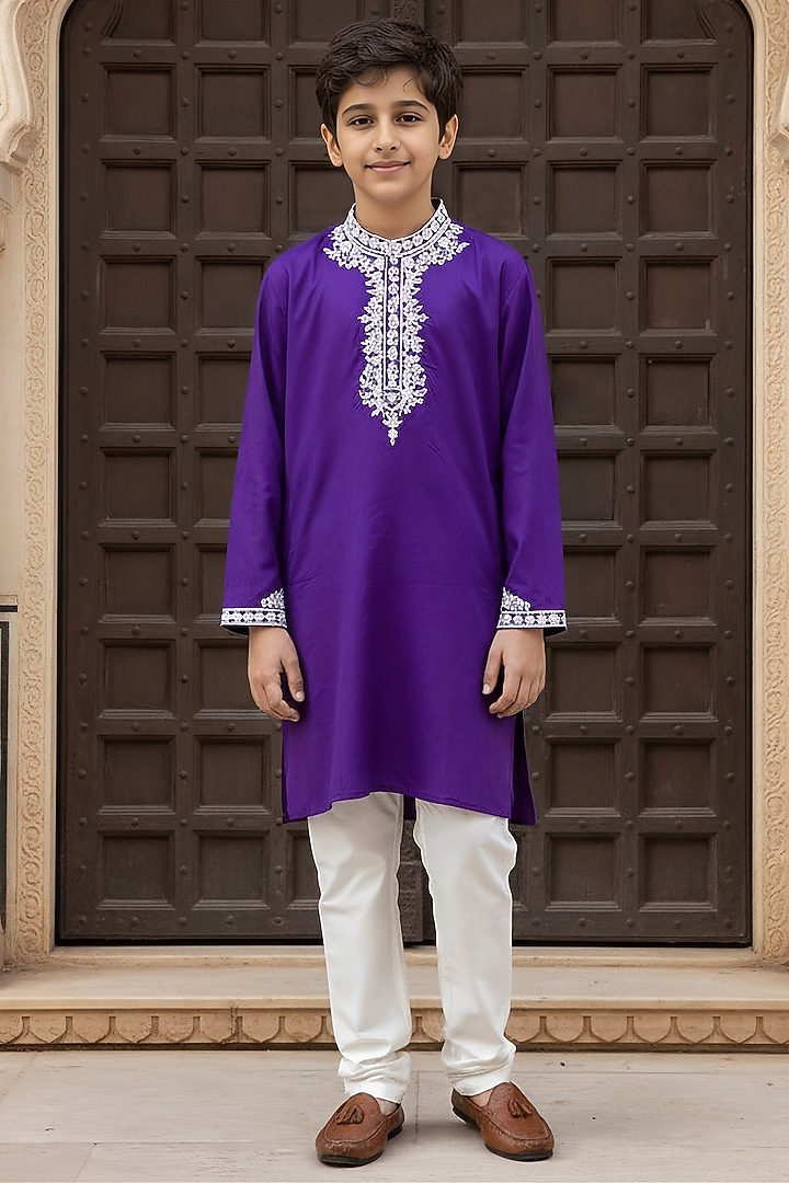 Purple Glace Cotton Embroidered Kurta Set For Boys by Fayon Kids at Pernia's Pop Up Shop