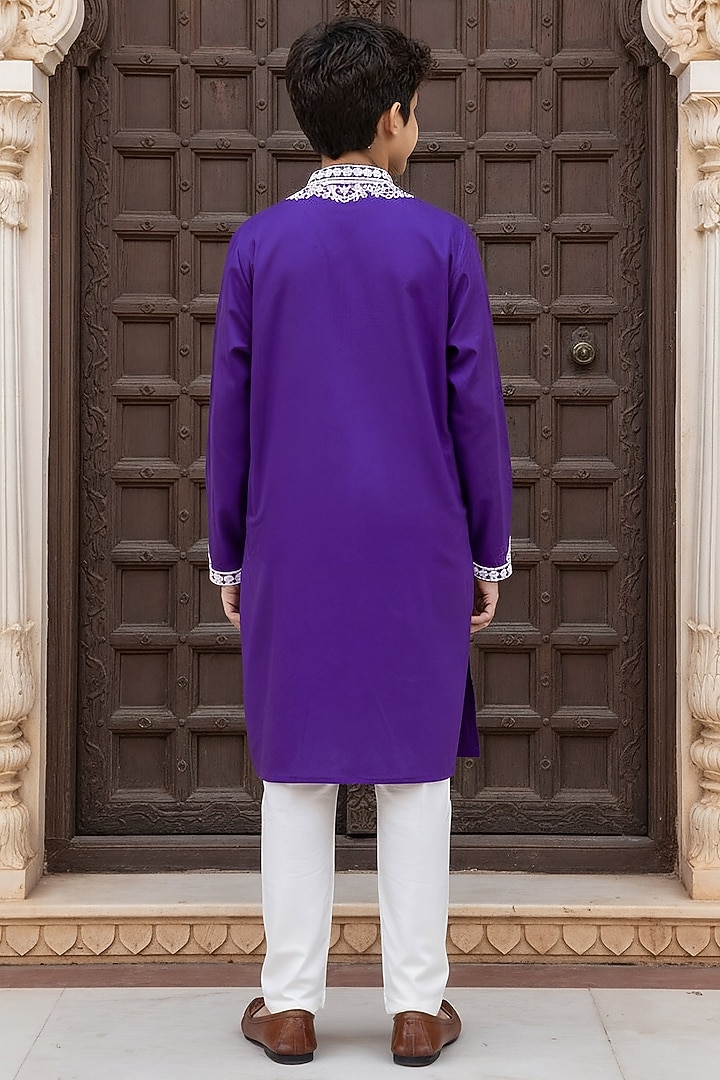 Purple Glace Cotton Embroidered Kurta Set For Boys by Fayon Kids at Pernia's Pop Up Shop
