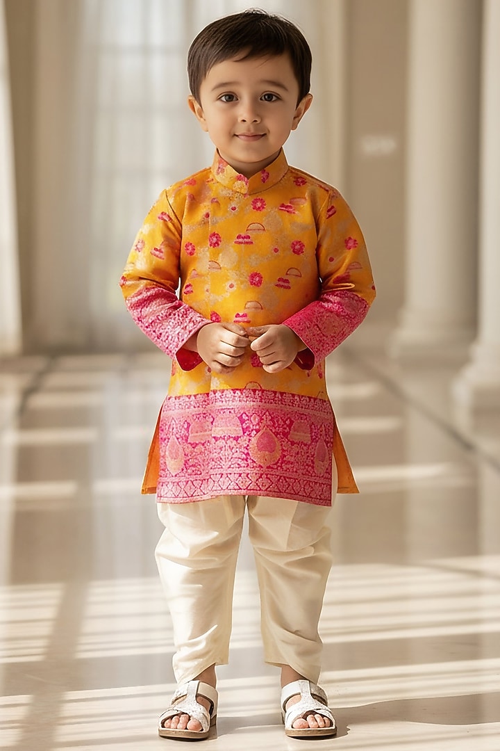 Orange Brocade Kurta Set For Boys by Fayon Kids at Pernia's Pop Up Shop