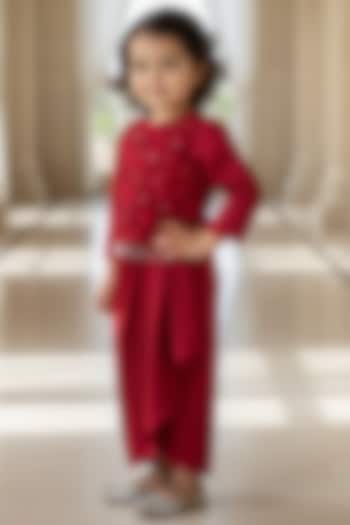 Red Net Draped Dhoti Skirt Set For Girls by Fayon Kids at Pernia's Pop Up Shop