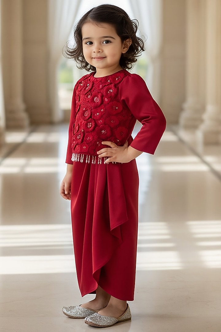Red Net Draped Dhoti Skirt Set For Girls by Fayon Kids at Pernia's Pop Up Shop