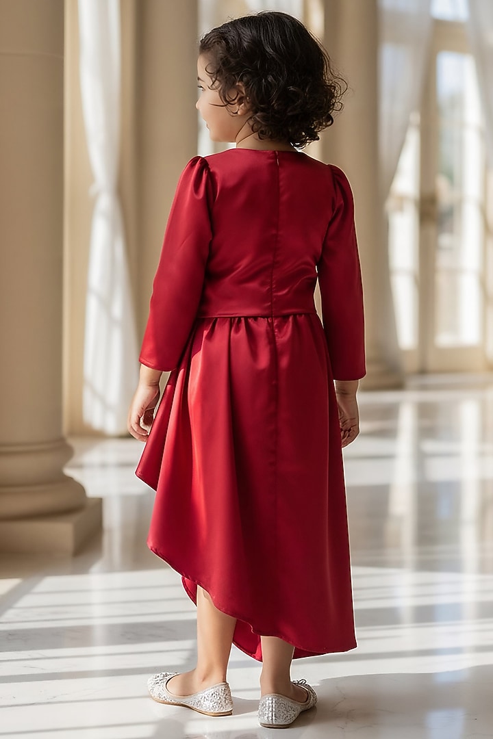 Red Net Draped Dhoti Skirt Set For Girls by Fayon Kids at Pernia's Pop Up Shop