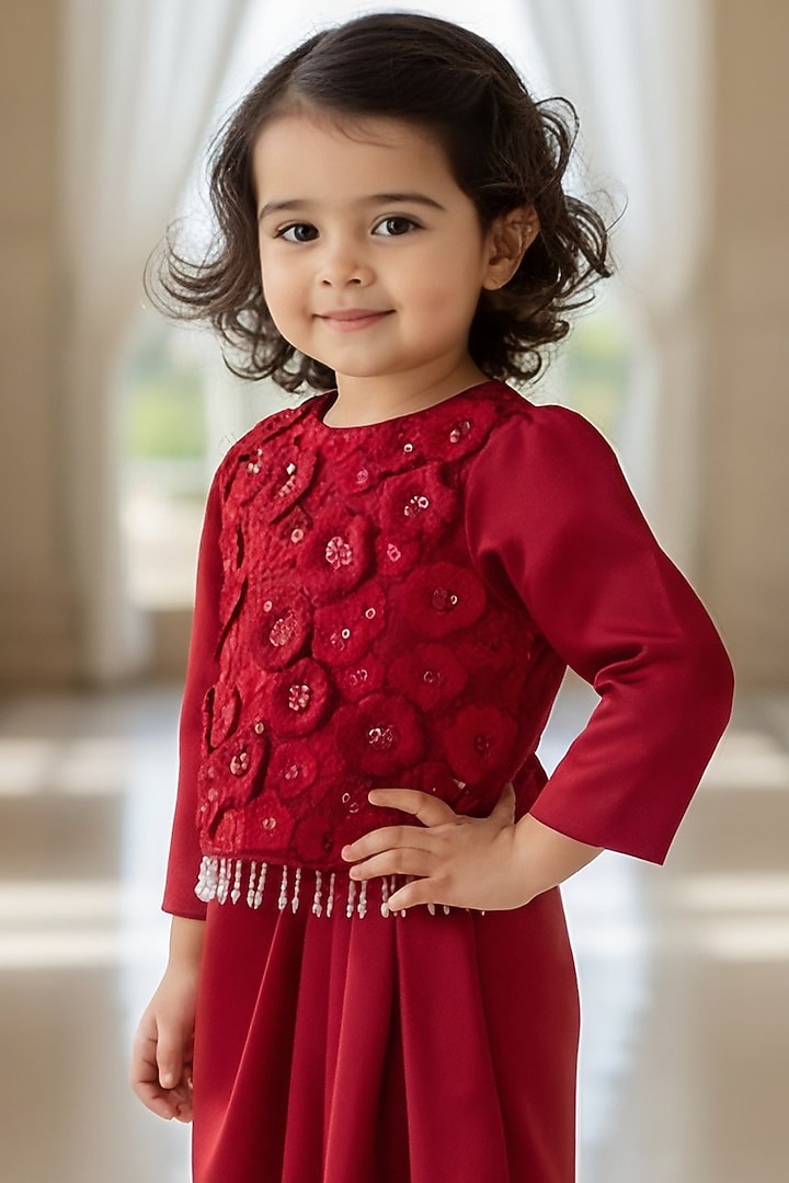 Red Net Draped Dhoti Skirt Set For Girls by Fayon Kids at Pernia's Pop Up Shop