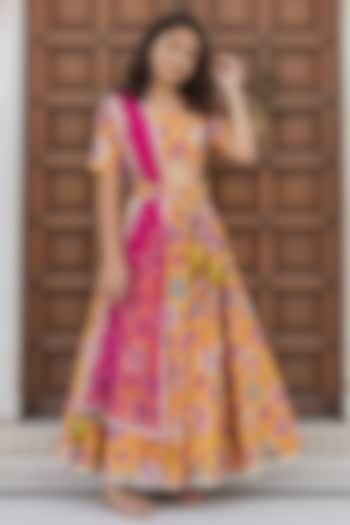 Yellow Cotton Embroidered Lehenga Set For Girls by Fayon Kids at Pernia's Pop Up Shop