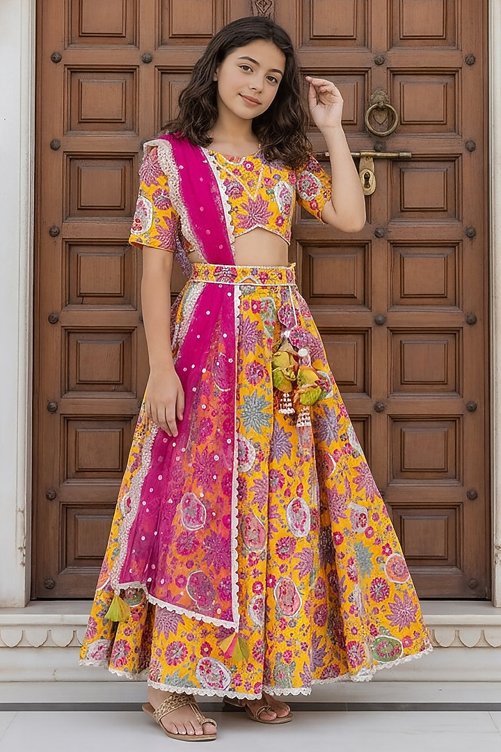 Yellow Cotton Embroidered Lehenga Set For Girls by Fayon Kids at Pernia's Pop Up Shop