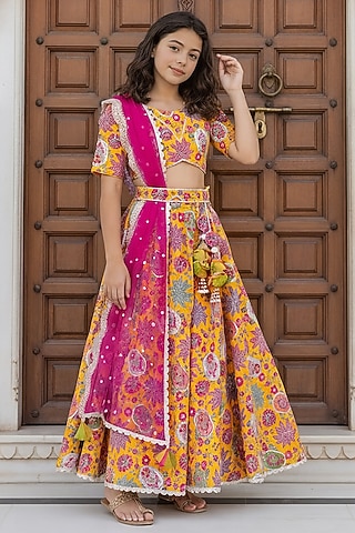 Yellow Cotton Embroidered Lehenga Set For Girls by Fayon Kids