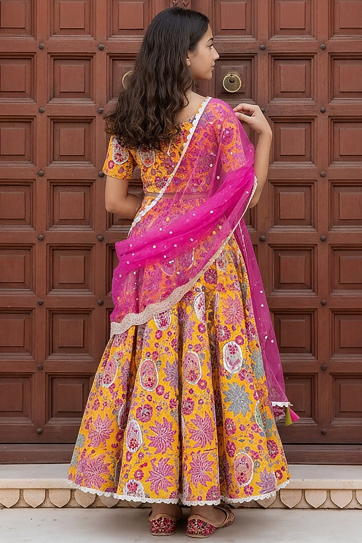 Yellow Cotton Embroidered Lehenga Set For Girls by Fayon Kids at Pernia's Pop Up Shop
