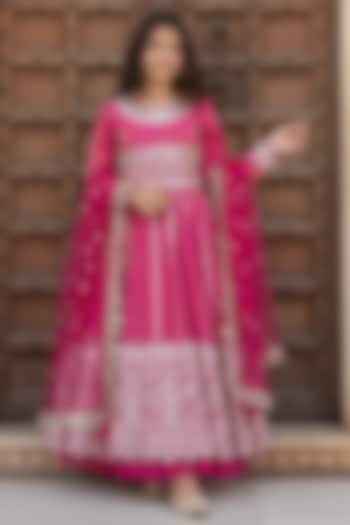 Pink Tissue Organza Embroidered Anarkali Set For Girls by Fayon Kids at Pernia's Pop Up Shop