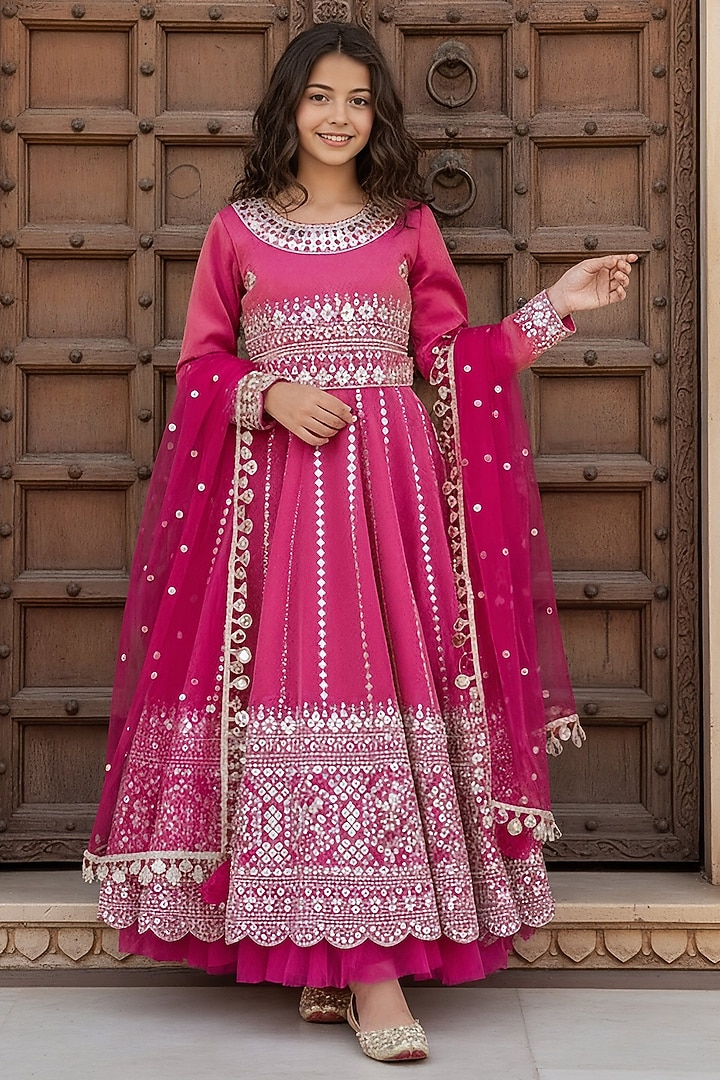 Pink Tissue Organza Embroidered Anarkali Set For Girls by Fayon Kids at Pernia's Pop Up Shop