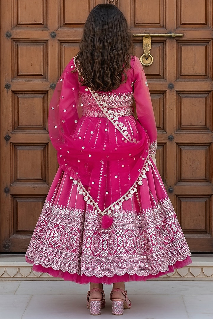 Pink Tissue Organza Embroidered Anarkali Set For Girls by Fayon Kids at Pernia's Pop Up Shop