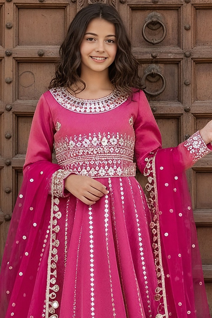 Pink Tissue Organza Embroidered Anarkali Set For Girls by Fayon Kids at Pernia's Pop Up Shop