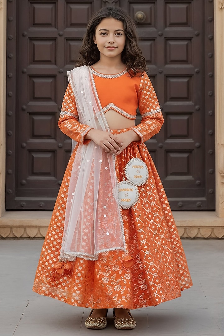 Orange Chanderi Lehenga Set For Girls by Fayon Kids at Pernia's Pop Up Shop
