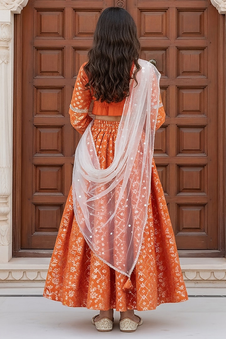 Orange Chanderi Lehenga Set For Girls by Fayon Kids at Pernia's Pop Up Shop