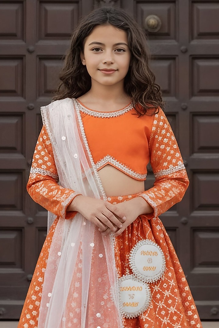 Orange Chanderi Lehenga Set For Girls by Fayon Kids at Pernia's Pop Up Shop