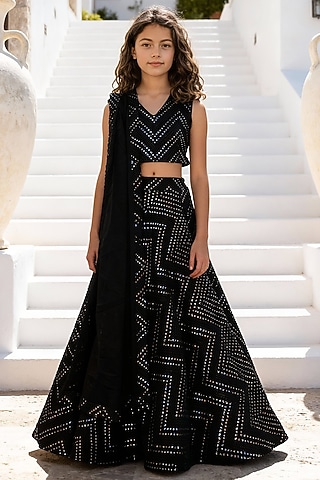 Black Georgette Embroidered Lehenga Set For Girls by Fayon Kids