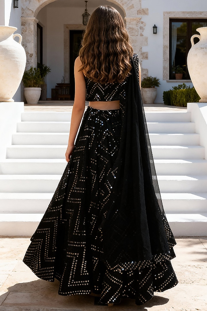 Black Georgette Embroidered Lehenga Set For Girls by Fayon Kids at Pernia's Pop Up Shop