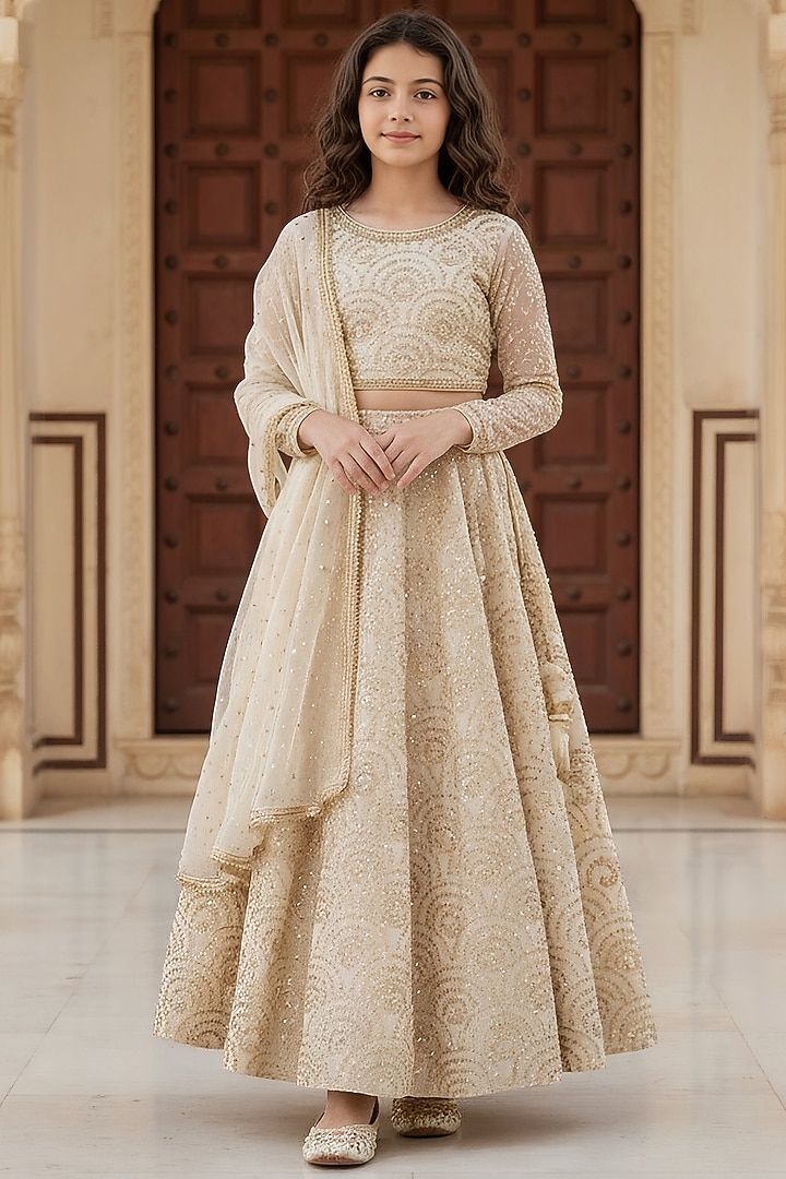 Golden Dupion Embroidered Lehenga Set For Girls by Fayon Kids at Pernia's Pop Up Shop