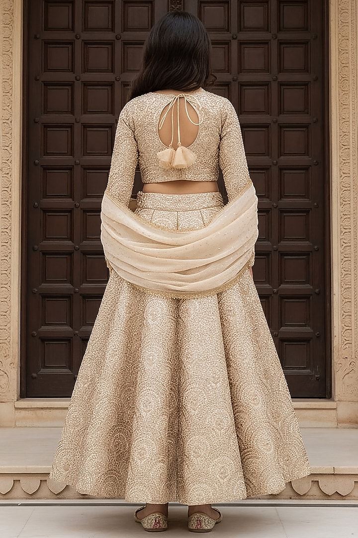 Golden Dupion Embroidered Lehenga Set For Girls by Fayon Kids at Pernia's Pop Up Shop