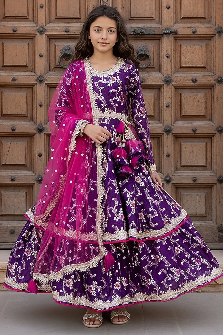 Purple Brocade Anarkali Set by Fayon Kids at Pernia's Pop Up Shop