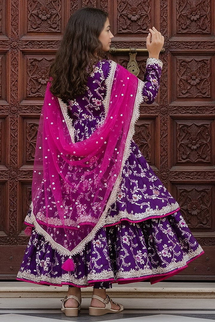 Purple Brocade Anarkali Set by Fayon Kids at Pernia's Pop Up Shop
