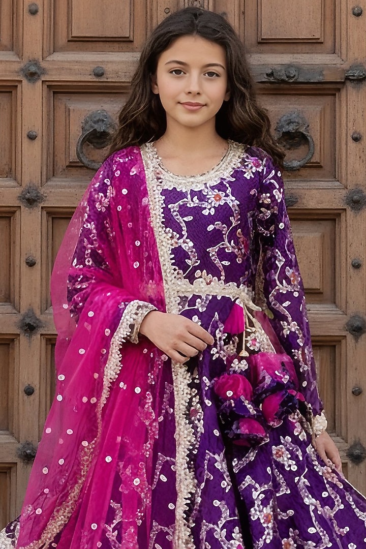 Purple Brocade Anarkali Set by Fayon Kids at Pernia's Pop Up Shop