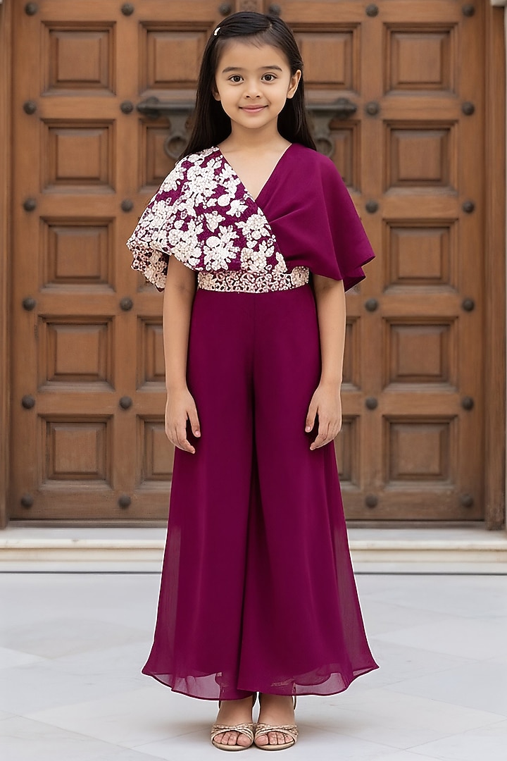 Wine Georgette Embroidered Jumpsuit For Girls by Fayon Kids at Pernia's Pop Up Shop