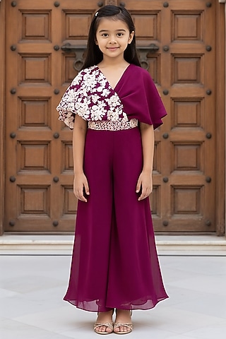 Wine Georgette Embroidered Jumpsuit For Girls by Fayon Kids