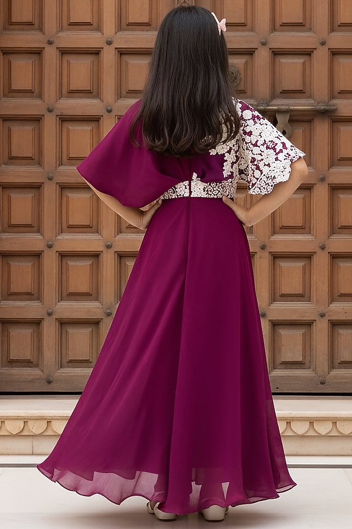 Wine Georgette Embroidered Jumpsuit For Girls by Fayon Kids at Pernia's Pop Up Shop