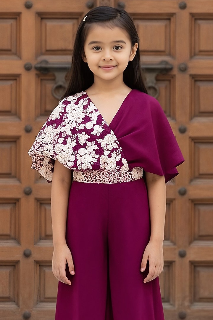 Wine Georgette Embroidered Jumpsuit For Girls by Fayon Kids at Pernia's Pop Up Shop