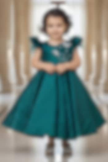 Green Net Embroidered Gown For Girls by Fayon Kids at Pernia's Pop Up Shop