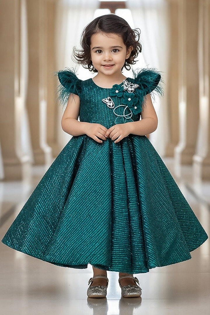 Green Net Embroidered Gown For Girls by Fayon Kids at Pernia's Pop Up Shop