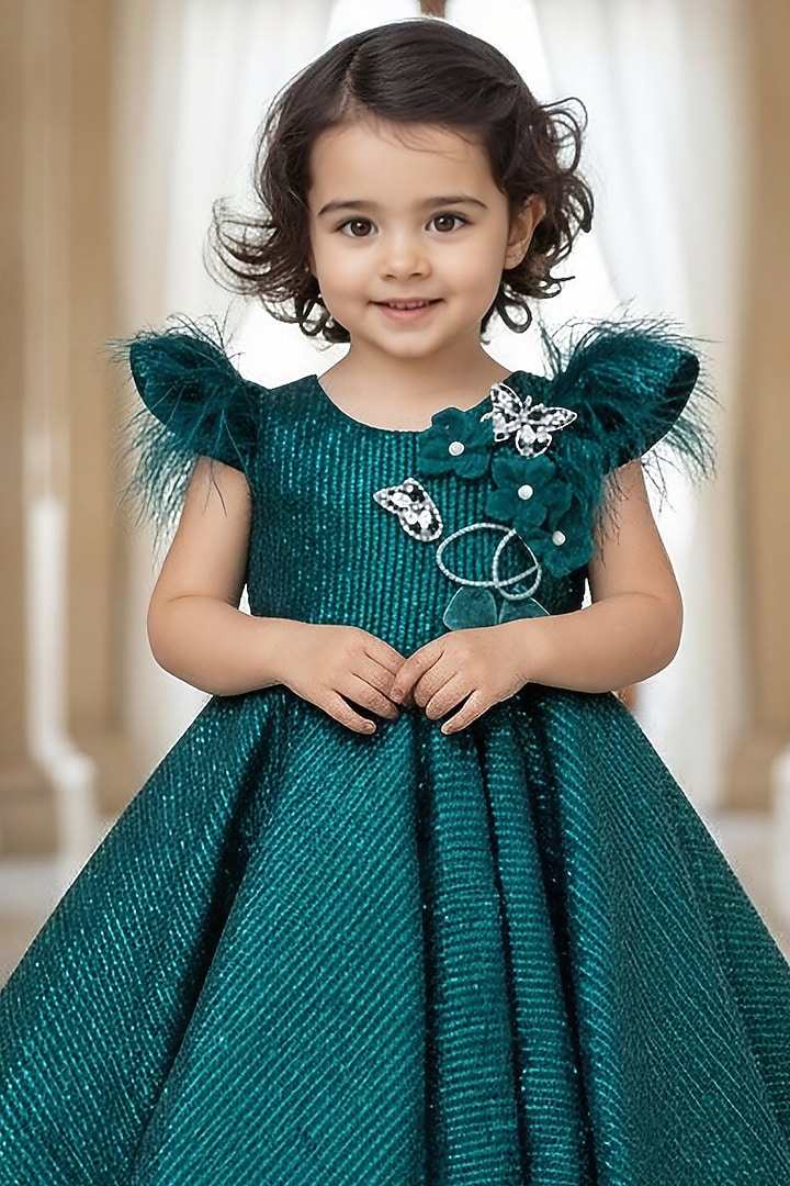 Green Net Embroidered Gown For Girls by Fayon Kids at Pernia's Pop Up Shop