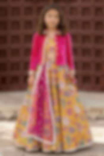 Yellow & Coral Velvet Embroidered Jacket Lehenga Set For Girls by Fayon Kids at Pernia's Pop Up Shop