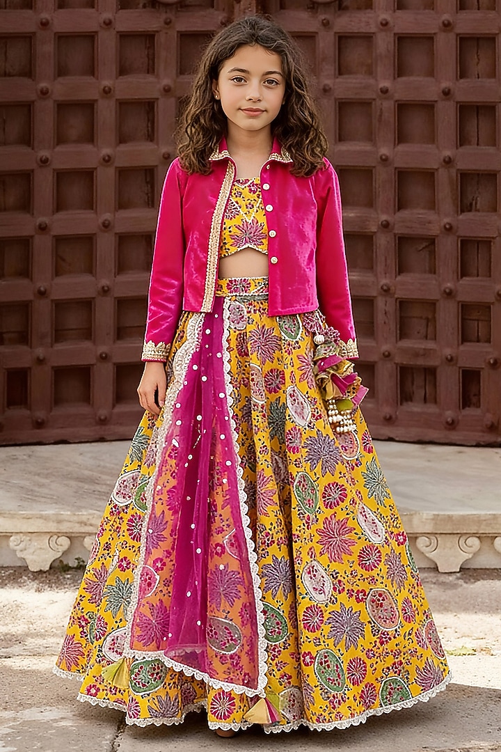 Yellow & Coral Velvet Embroidered Jacket Lehenga Set For Girls by Fayon Kids at Pernia's Pop Up Shop
