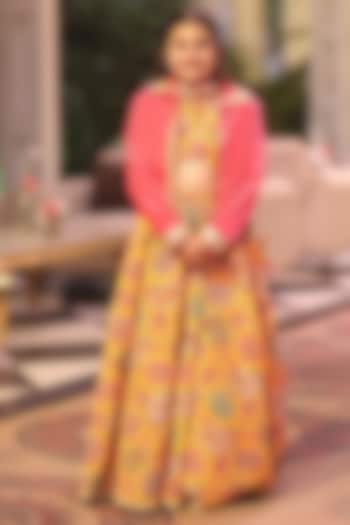 Yellow & Coral Velvet Embroidered Jacket Lehenga Set For Girls by Fayon Kids at Pernia's Pop Up Shop