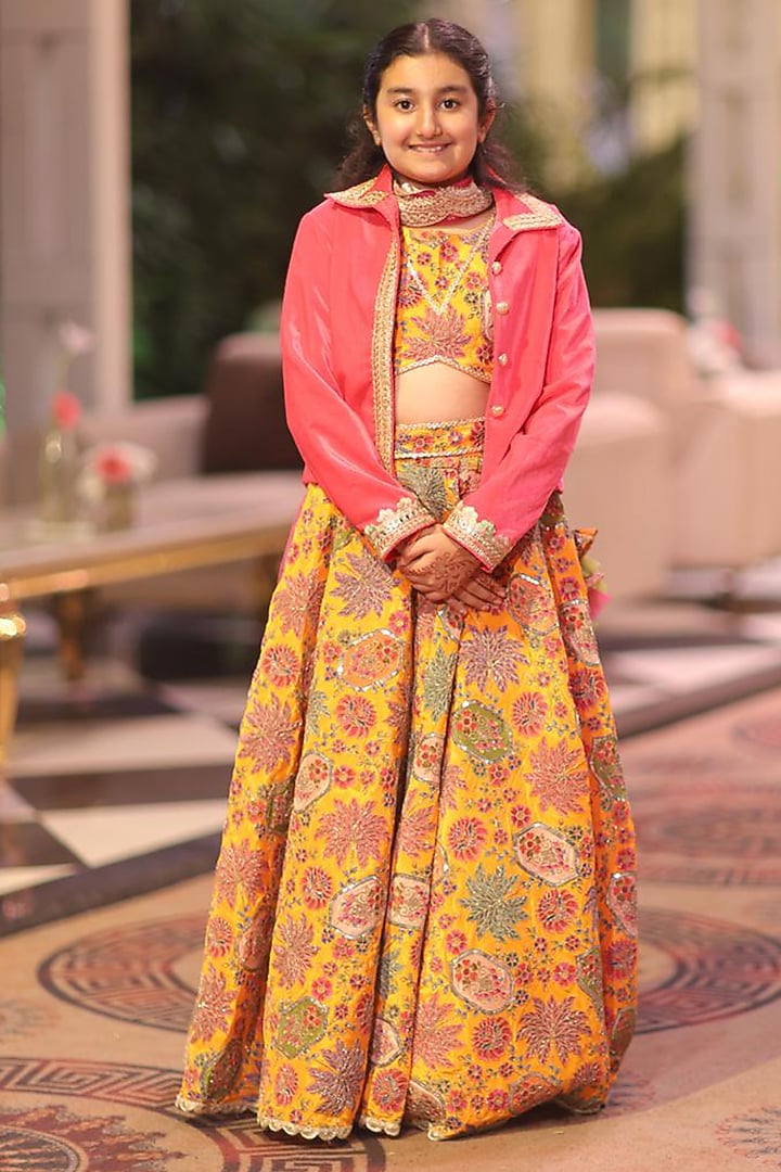 Yellow & Coral Velvet Embroidered Jacket Lehenga Set For Girls by Fayon Kids at Pernia's Pop Up Shop