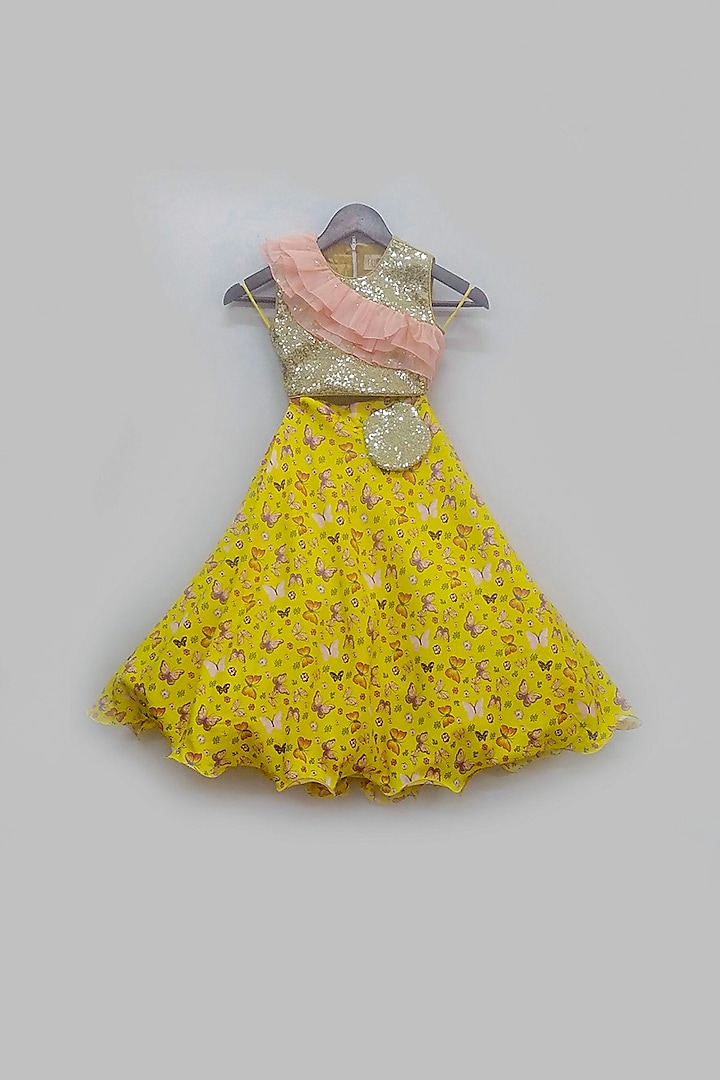 Yellow Printed & Embroidered Lehenga Set For Girls by Fayon Kids