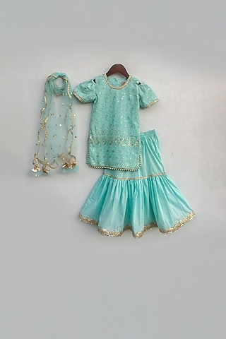 Blue Embroidered Lehenga Set For Girls by Fayon Kids