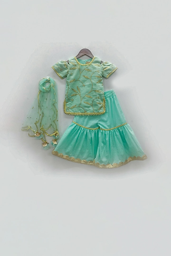 Blue Embroidered Sharara Set For Girls by Fayon Kids at Pernia's Pop Up Shop
