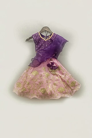 Purple & Pink Printed Lehenga Set For Girls by Fayon Kids