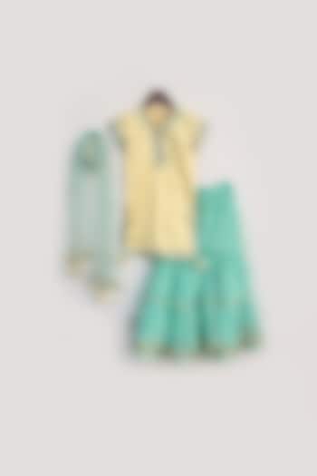 Yellow & Aqua Blue Embroidered Sharara Set For Girls by Fayon Kids