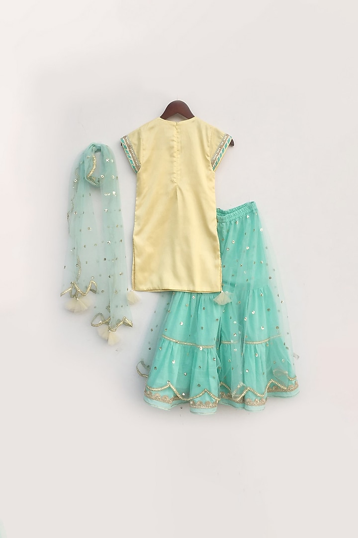 Yellow & Aqua Blue Embroidered Sharara Set For Girls by Fayon Kids at Pernia's Pop Up Shop