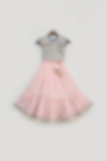 Blue & Pink Embroidered Lehenga Set For Girls by Fayon Kids