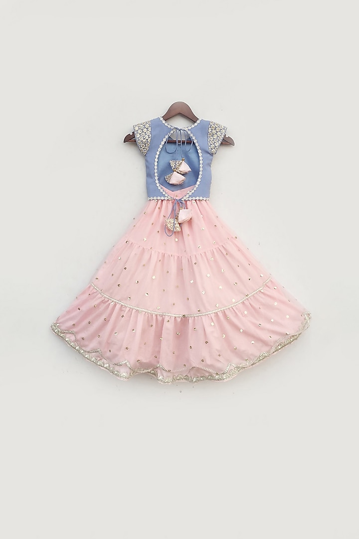 Blue & Pink Embroidered Lehenga Set For Girls by Fayon Kids at Pernia's Pop Up Shop