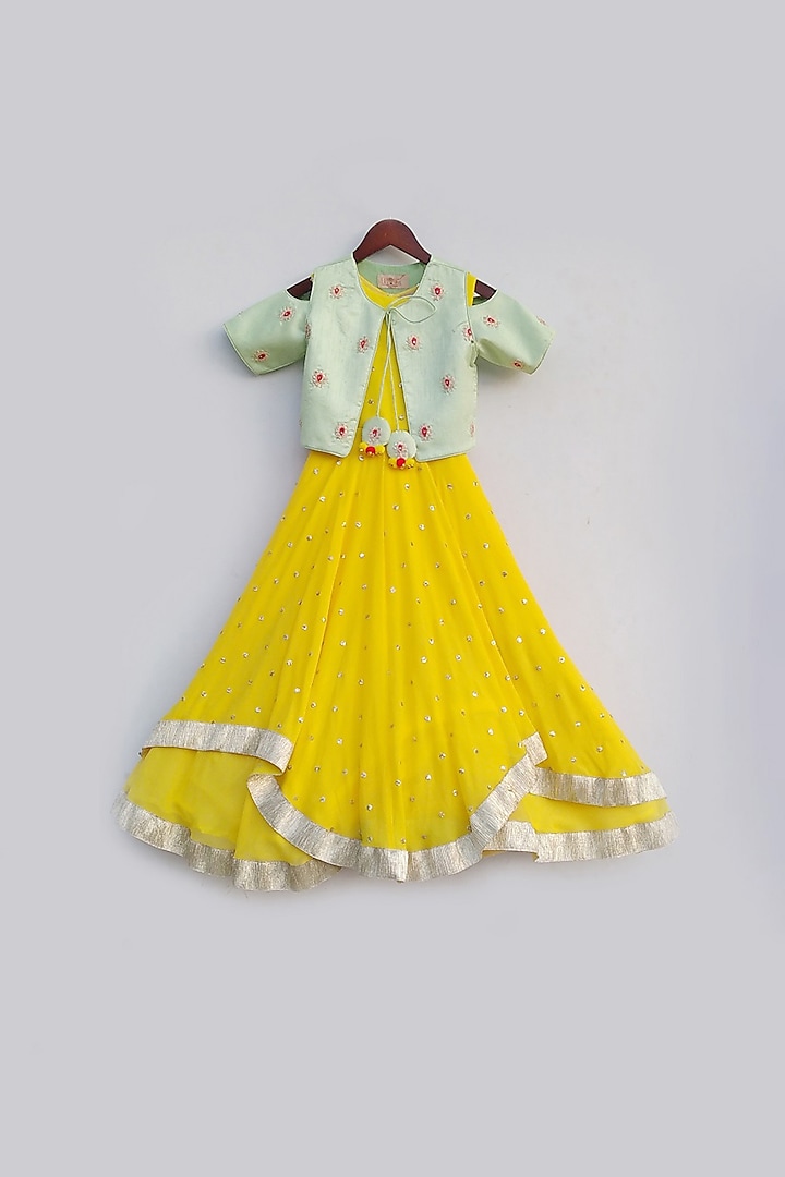 Pista Green & Yellow Anarkali With Jacket For Girls by Fayon Kids